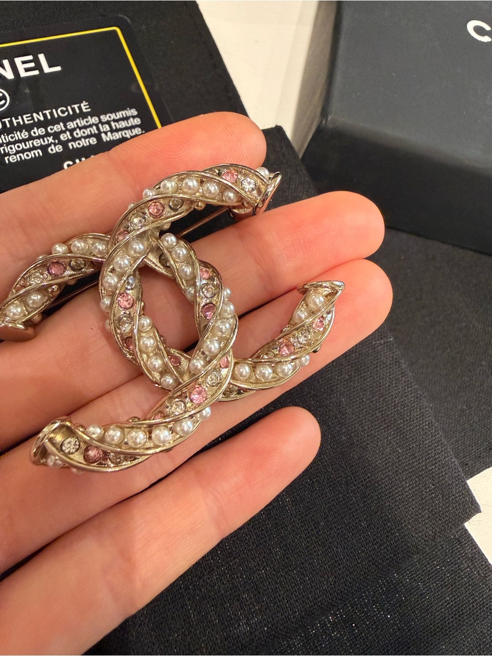 CHANEL Gold-Tone CC Brooch with Pink Crystals and Pearls
